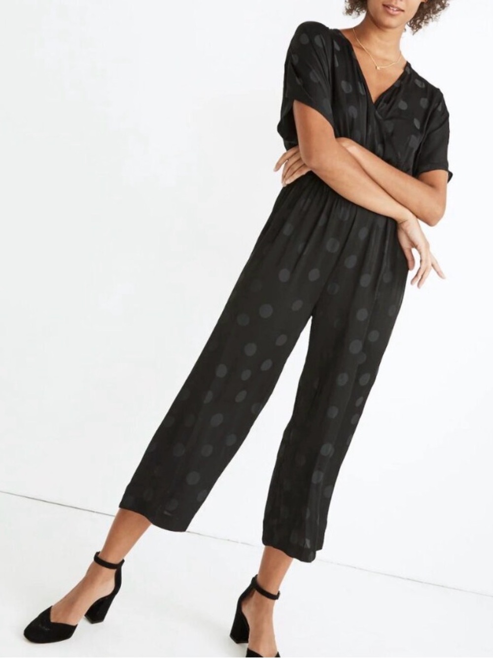 Madewell Wrap Front Smock Waist Jumpsuit in Dot Jacquard Sz XS - Picture 3 of 4